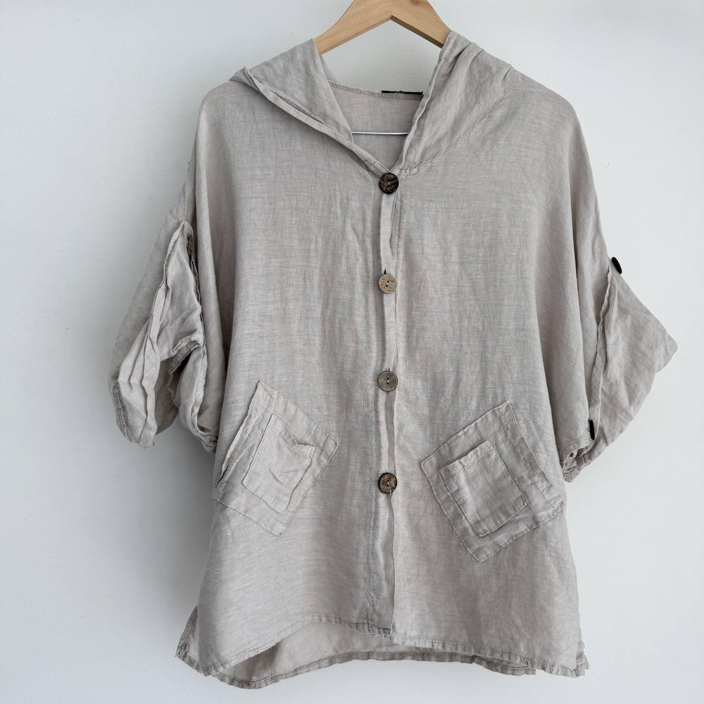 Linen Lagenlook Top Womens One Size Beige Hooded Tunic Button Up Pockets Dolman